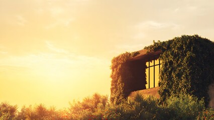 A contemporary building enveloped in vibrant green ivy stands illuminated by warm golden sunlight with lush tropical foliage and blooming red flowers in the foreground.