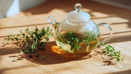 A clear glass teapot filled with fresh green herbal tea and leaves sitting on a wooden table with beautiful sunlight shadows and morning glow.