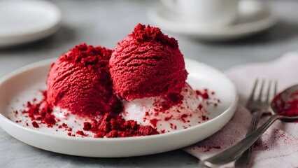 Three scoops of vibrant red velvet ice cream are topped with whipped cream and chocolate shavings in a dark bowl. This decadent, creamy, and luxurious frozen dessert is a special treat.