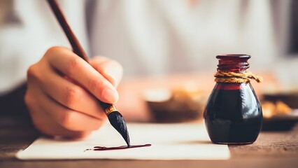 Close-up of a hand writing a delicate stroke with a traditional brush and ink on parchment paper, next to a rustic, tied glass ink bottle, conveying tradition and artistic focus.