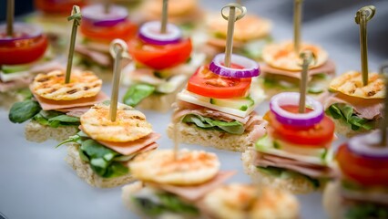 Elegant mini sandwich canapes with ham, cheese, tomato, onion, cucumber, spinach on toasted bread, skewered for party serving display beautifully arranged fresh gourmet appetizer.
