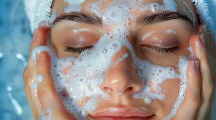 Woman uses facial foam to cleanse her skin, removing impurities and achieving a fresh, rejuvenated complexion through effective skincare.