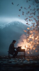 Author typing with creative explosion and flying papers
