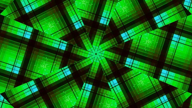 Vibrant green and black plaid pattern with turquoise accents in a symmetrical design