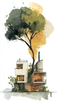 Innovative green architecture watercolor illustration of tree and modern building urban environment artistic perspective eco-friendly design