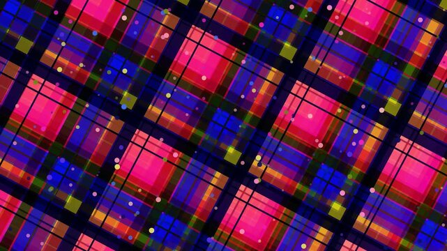 Vibrant multicolored plaid pattern with pink, blue, and orange hues on a dark background