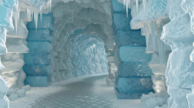 Frozen Ice Cave Tunnel Stock Video with Reflective Walls and Subtle Blue Lighting
