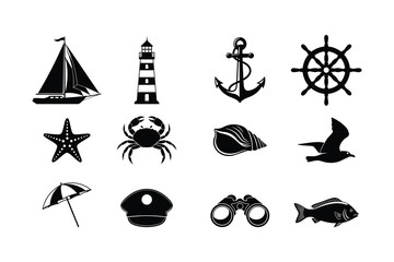 Fototapeta premium Nautical icons set including sea creatures and ships