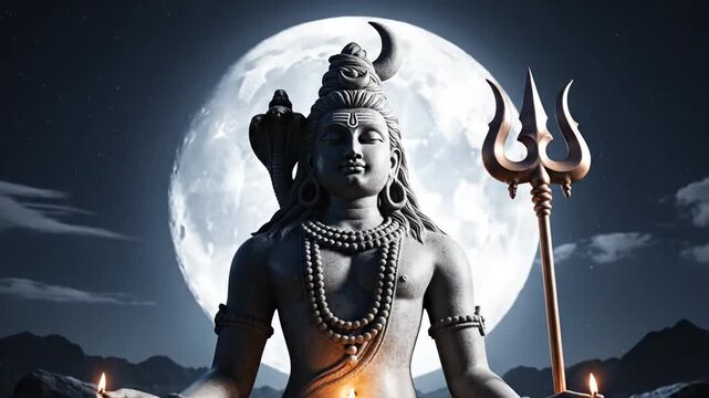 Lord Shiva statue meditating at night under full moon by water