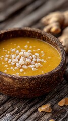 Warm ginger soup in a wooden bowl, topped with ginger candy pieces, promoting health and wellness
