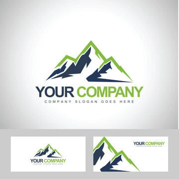 Stylized graphic design vector template featuring sharp green and dark blue mountain peaks ideal for outdoor adventure travel or environmental corporate branding concepts showcasing resilience and hei