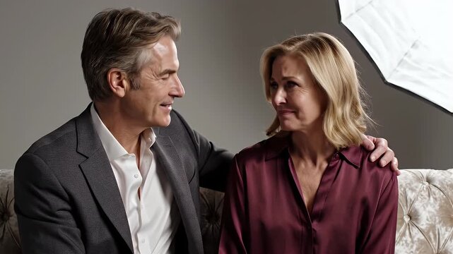 Mature Man Comforting Tearful Woman in Maroon Blouse Seated on Beige Sofa in Studio Setting Gray Background and
