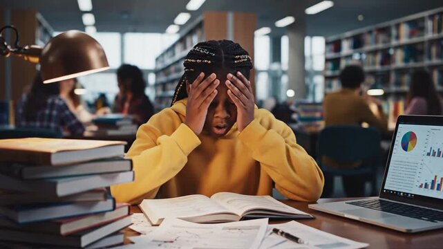 Stressed young student feeling overwhelmed by difficult school homework assignments and information overload while sitting in library suffering from mental burnout and academic pressure