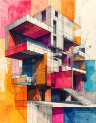 Modern abstract building with colorful watercolor background