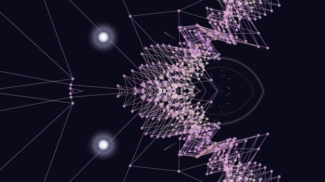 Digital illustration of a pink network graph with nodes and connections on a dark background with a futuristic feel.