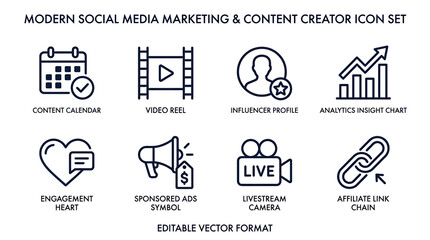Fototapeta premium Essential Social Media Marketing and Content Creation Vector Icon Set for Digital Business Strategies