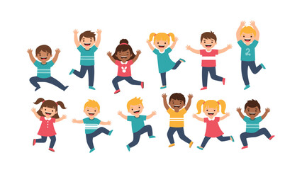 Fototapeta premium Diverse group of happy children in colorful clothing celebrate with joyful poses, including jumping, dancing, and cheering with raised arms.