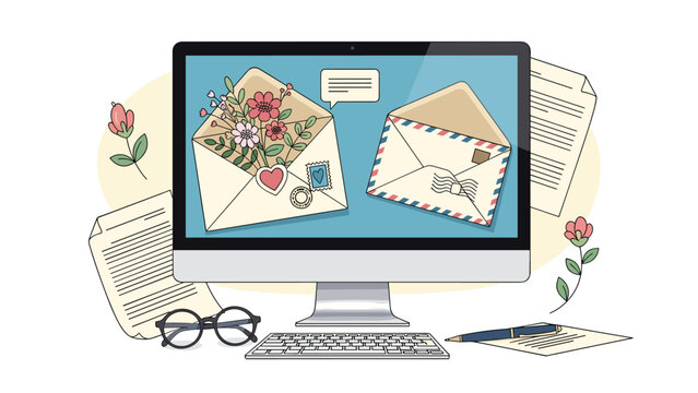 Desktop computer screen displays charming digital greeting cards and letters filled with flowers representing modern online communication.