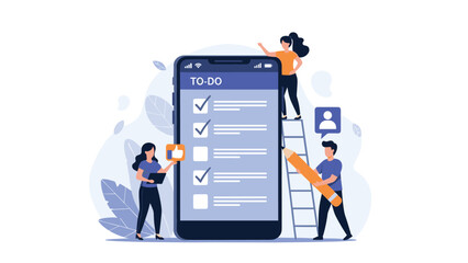 Team of people collaborating to manage a giant digital to do list on a smartphone screen using a large pencil and checking off tasks.