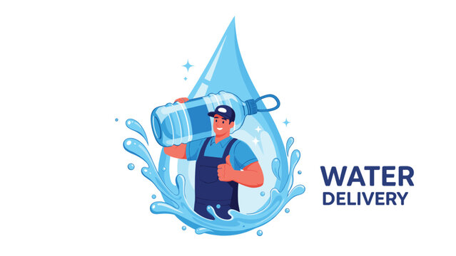 Cheerful delivery man carrying a large plastic water bottle over his shoulder in front of a giant blue water droplet and splash.