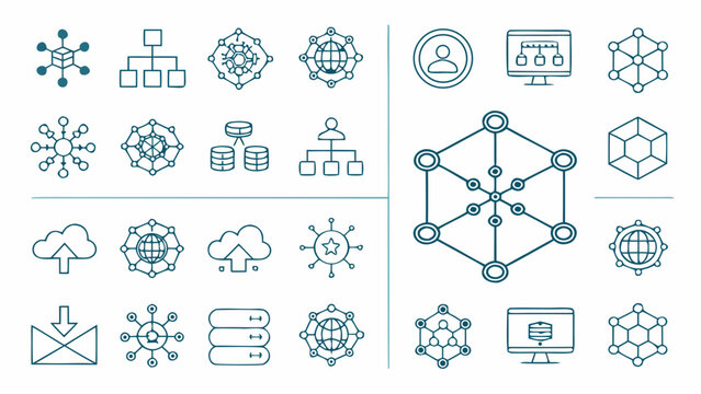 Network and Technology Icons Representing Modern Digital Concepts and Infrastructure in a Minimalist Style