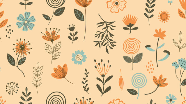 Seamless floral pattern featuring a variety of hand-drawn doodle style flowers and leaves in warm autumn colors on a beige background.