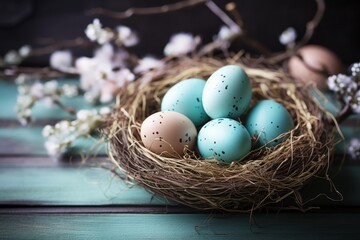Obraz premium Speckled easter eggs resting in a natural bird nest on a rustic wooden background with blooming branches