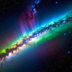 Vivid celestial display with shimmering lights, nebula, and cosmic dust