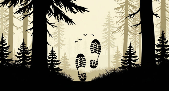 Footprints in a misty forest path with birds flying above.