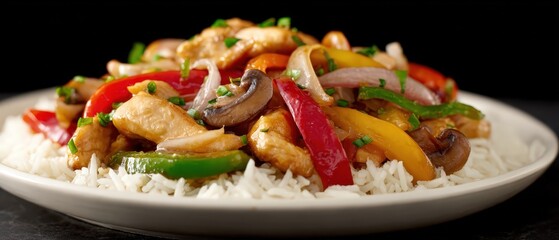 Chicken stir fry with colorful bell peppers, mushrooms, and onions served over a bed of white rice