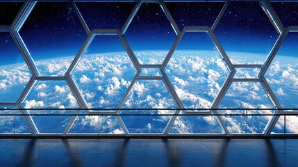 Panoramic View from Space Station with Earth Clouds and Blue Planet Through Hexagonal Windows in Futuristic Glossy Setting