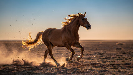 Wild mustang horse running in dusty field