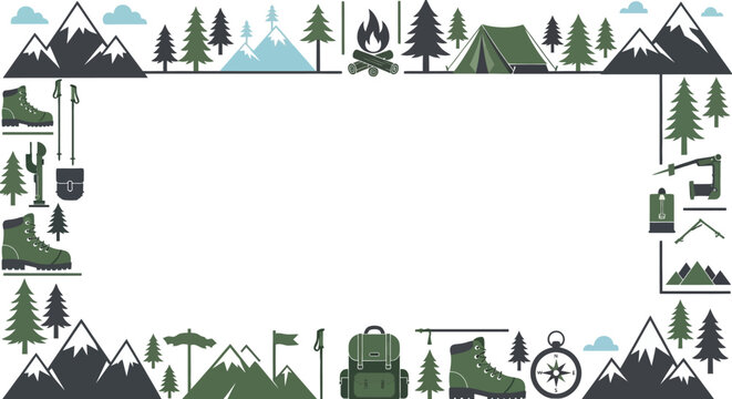 Camping adventure scene with mountains, trees, and outdoor gear illustrations in a graphic border