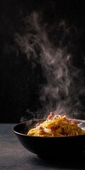 Steaming spaghetti carbonara bowl, displaying delicious italian pasta with crispy bacon and fresh black pepper