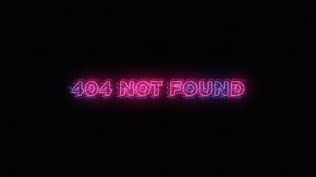 Neon glitch pink and blue '404 NOT FOUND' error message glowing on a dark black background, symbolizing a digital page not found 4k