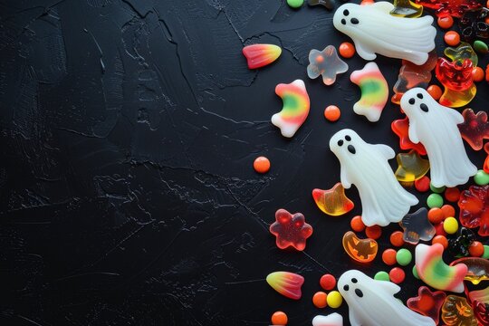 Halloween candy and ghost decorations border on black background