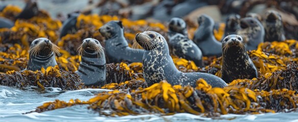 A Colony of Seals Resting on Kelp Covered Rocks by the Ocean.
