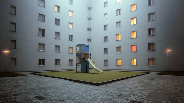 Empty playground slide in enclosed apartment courtyard. Symmetrical residential building with lit windows surrounding isolated play structure creating liminal space and backrooms atmosphere