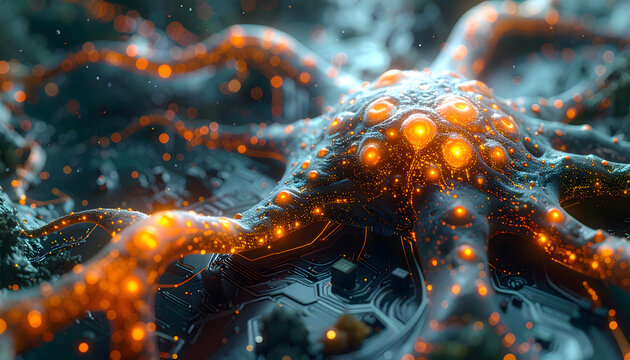 Vibrant neuron cells with glowing orange synapses in a complex neural network viewed from a microscopic perspective