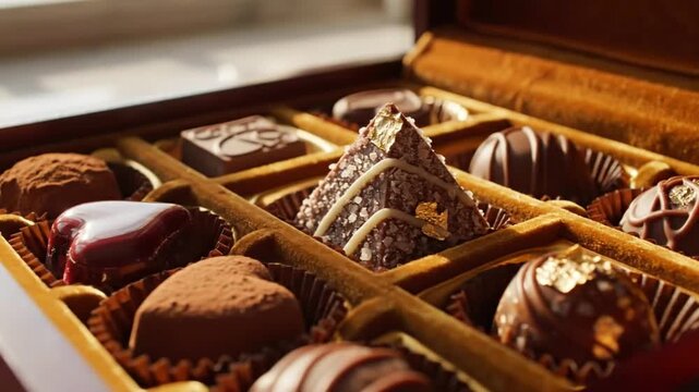 Assortment of gourmet handmade chocolate truffles displayed beautifully inside a luxurious wooden gift box