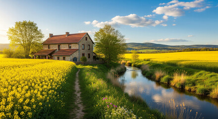 rural landscape with yellow flowers and blue sky