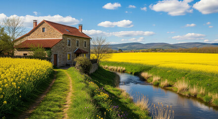rural landscape with the river and blue sky