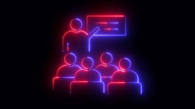 glowing neon meeting icon isolated on black background. meeting corporate conference business team presentation icon. meeting, presentation, Seminar and education concept. 4k video animation.
