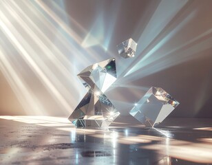 Abstract composition of geometric glass prisms and crystals catching bright light rays, creating dramatic reflections and sparkling flares on a polished surface