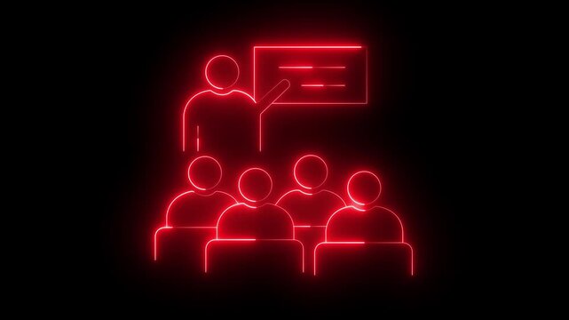 glowing neon Training icon isolated on black background. Class Icon illustration of teaching and learning in a classroom setting. presentation icon illustrating a lecturer addressing student. 