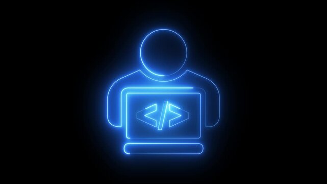 glowing neon programmer icon animation on black background. representing programming user coding or software development. 4k video animation.
