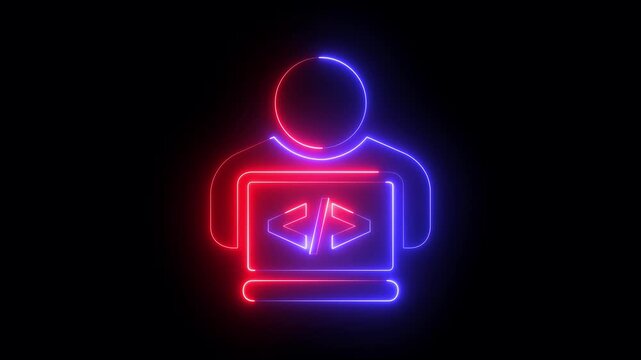 glowing neon programmer icon animation on black background. representing programming user coding or software development. 4k video animation.