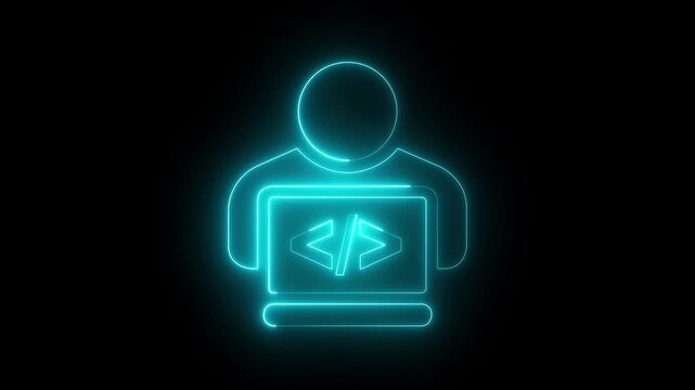 glowing neon programmer icon animation on black background. representing programming user coding or software development. 4k video animation.