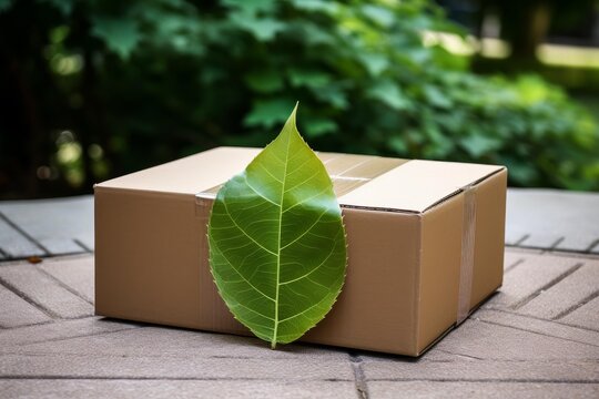Cardboard box with a green leaf representing sustainable delivery and ecological responsibility
