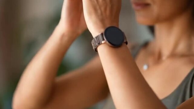 A woman with a smartwatch hands in prayer